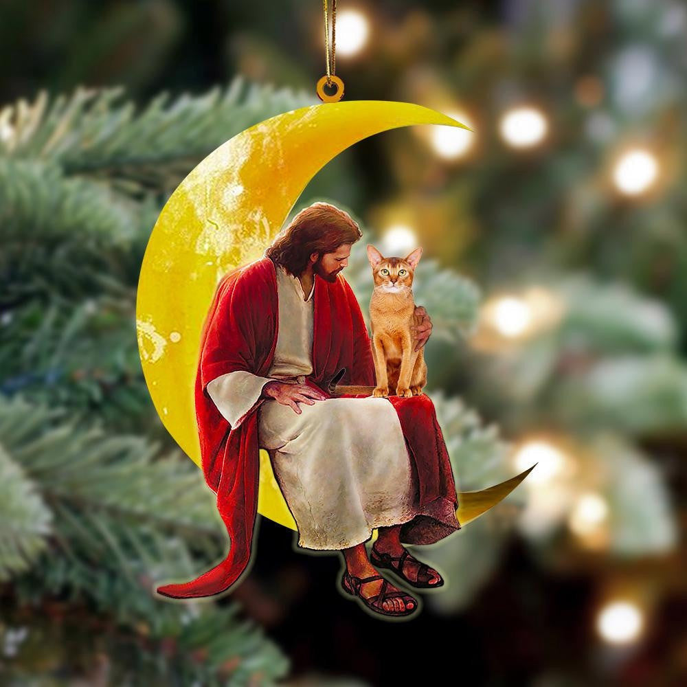 Abyssinian Cat And Jesus Sitting On The Moon Hanging Acrylic Ornament For Cat Lover